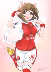 Rule 34 | 10s, 1girl, :d, animal ears, arsenal fc, barclays premier league, bob cut, breasts, brown hair, cat ears, cat tail, character name, cleats, fang, green eyes, heart, hector bellerin, highres, idolmaster, idolmaster cinderella girls, inoue sora, maekawa miku, nail polish, number pun, open mouth, paw pose, product placement, puma (brand), revision, ribbon, short hair, shorts, smile, soccer jersey, soccer uniform, solo, sportswear, tail, thigh gap, thighhighs, twitter username, wrist ribbon, wristband