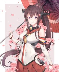 Rule 34 | 1girl, blush, breasts, brown eyes, brown hair, cherry blossoms, flower, hair flower, hair ornament, headgear, highres, jenson tw, kantai collection, large breasts, long hair, looking at viewer, oil-paper umbrella, open mouth, ponytail, skirt, smile, solo, umbrella, very long hair, yamato (kancolle)