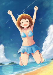 Rule 34 | 1girl, absurdres, ahoge, arms up, barefoot, beach, bikini, bikini skirt, blue bikini, blue skirt, blue sky, blush, breasts, brown hair, cloud, collarbone, commentary request, closed eyes, full body, happy, highres, hirasawa yui, jumping, k-on!, mountain, ocean, open mouth, outdoors, scenery, shore, short hair, skirt, sky, solo, summer, swimsuit, thighs, water, waves, yusaku2021com