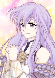 Rule 34 | 1girl, bare shoulders, circlet, dress, fire emblem, fire emblem: genealogy of the holy war, hair between eyes, highres, julia (fire emblem), long hair, multicolored background, nintendo, own hands clasped, own hands together, purple eyes, purple hair, smile, solo, yuki cryp a