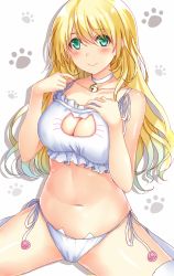 Rule 34 | 10s, 1girl, atago (kancolle), bad id, bad pixiv id, bell, blonde hair, blush, breasts, cat cutout, cat ear panties, cat lingerie, cleavage, cleavage cutout, clothing cutout, green eyes, jingle bell, kantai collection, large breasts, long hair, looking at viewer, meme attire, morizono shiki, navel, panties, side-tie panties, sitting, smile, solo, underwear, underwear only