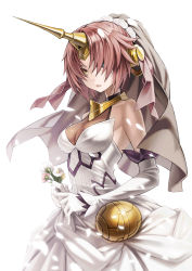 Rule 34 | 1girl, blue eyes, breasts, cleavage, dress, elbow gloves, fate/apocrypha, fate/grand order, fate (series), flower, frankenstein&#039;s monster (fate), gloves, hair over eyes, headgear, heterochromia, highres, holding, holding flower, horns, kame (pixiv), looking at viewer, pink hair, see-through, see-through cleavage, short hair, single horn, small breasts, solo, veil, wedding dress, white dress, white gloves, yellow eyes