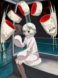 Rule 34 | 1other, alpaca, animal, dress, hair between eyes, hand on railing, hand up, highres, long sleeves, looking at viewer, medium hair, melting, moth antennae, original, puffy long sleeves, puffy sleeves, reflection, sitting, solo, surreal, uni no, water, white dress, white hair