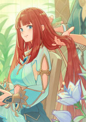 Rule 34 | 1girl, absurdres, adjusting another&#039;s hair, afureru colors, aqua eyes, closed mouth, commentary, flower, genshin impact, harem outfit, highres, looking at viewer, nilou (genshin impact), on chair, red hair, sitting, smile, solo focus