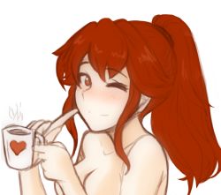 Rule 34 | 1girl, anna (fire emblem), bare shoulders, blush, breasts, coffee, coffee cup, coffee mug, collarbone, covered erect nipples, covering privates, covering breasts, cup, disposable cup, eye contact, female focus, fire emblem, fire emblem awakening, fire emblem fates, fire emblem heroes, heart, looking at another, looking at viewer, matching hair/eyes, mug, nintendo, one eye closed, ponytail, portrait, red eyes, red hair, smile, solo, source request, transparent background, tridisart, wink