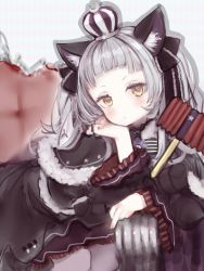 Rule 34 | 1girl, animal ears, arm support, black dress, blunt bangs, blush, bow, cat ears, closed mouth, couch, crown, dress, grey hair, hair bow, hammer, head rest, highres, holding, holding hammer, hololive, long sleeves, looking at viewer, murasaki shion, murasaki shion (gothic lolita), nanashi (nlo), toy hammer, sitting, solo, virtual youtuber, yellow eyes