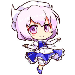 Rule 34 | 1girl, apron, bloomers, blue footwear, blue skirt, blue vest, blush, blush stickers, chibi, eyebrows, full body, hat, juliet sleeves, letty whiterock, light purple hair, long sleeves, lowres, puffy sleeves, purple eyes, renren (ah renren), shinobu shinobu, shoes, short hair, simple background, skirt, smile, solo, touhou, underwear, vest, waist apron, white apron, white background, white hat