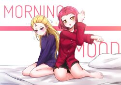 Rule 34 | 2girls, absurdres, assam (girls und panzer), bed, black shorts, blonde hair, blush, breasts, closed mouth, girls und panzer, highres, long hair, looking at viewer, mizzterbii, multiple girls, on bed, open mouth, pajamas, purple eyes, purple pajamas, red hair, red pajamas, rosehip (girls und panzer), short hair, shorts, simple background, sleepy, small breasts, waking up, yellow eyes