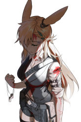 Rule 34 | 1girl, airseal, animal ears, arknights, armband, blonde hair, blood, blood on face, braid, closed eyes, dog tags, highres, kroos (arknights), kroos the keen glint (arknights), long hair, rabbit ears, shirt, short shorts, shorts, tears, vest, white background, white shirt, wounds