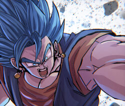 1boy blue_eyes blue_hair blue_vest chiro_illust commentary_request curtained_hair dragon_ball dragon_ball_super earrings highres jewelry long_bangs male_focus medium_hair muscular muscular_male nose open_mouth orange_shirt pectorals potara_earrings shirt short_sleeves solo spiked_hair teeth tongue v-shaped_eyebrows vegetto vest white_background