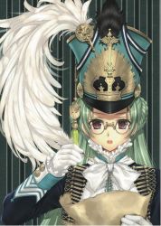 Rule 34 | 1girl, braid, brown eyes, feathers, formal, glasses, gloves, green hair, hat, kawaku, long hair, map, map (object), neckerchief, open mouth, original, purple eyes, quill, quilt, solo, upper body