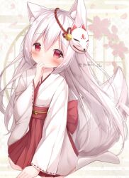 Rule 34 | 1girl, absurdres, animal ear fluff, animal ears, bell, blush, commentary request, covered mouth, egasumi, floral background, fox ears, fox girl, fox tail, hair bell, hair between eyes, hair ornament, hakama, hakama skirt, hand up, highres, japanese clothes, jingle bell, kimono, long hair, long sleeves, looking at viewer, mask, mask on head, original, petals, red eyes, red hakama, ribbon-trimmed sleeves, ribbon trim, skirt, socks, solo, tail, twitter username, very long hair, white hair, white kimono, white socks, wide sleeves, yuduki pdx