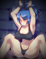 Rule 34 | 1girl, angry, armpits, arms up, bdsm, blue eyes, blue hair, blush, bondage, bound, breasts, brick wall, chained, chain, cleavage, crop top, cuffs, covered erect nipples, heavy breathing, highleg, highleg panties, highres, huge breasts, impossible clothes, impossible shirt, leona heidern, long hair, matching hair/eyes, panties, ponytail, shackles, shirt, solo, spread legs, tank top, the king of fighters, underwear, underwear only, yamaneko ken