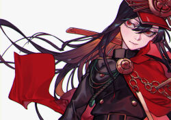 Rule 34 | 1girl, cape, chain, crest, family crest, fate/grand order, fate (series), fiery hair, gotronix, hat, highres, katana, light smile, long hair, looking to the side, medallion, military hat, oda nobunaga (fate), oda uri, peaked cap, red cape, red eyes, simple background, solo, sword, very long hair, weapon, white background