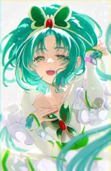 Rule 34 | 1girl, akimoto komachi, cure mint, detached sleeves, dress, earrings, galibo, green eyes, green hair, hand on own chest, highres, jewelry, precure, strapless, strapless dress, yes! precure 5