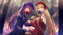 Rule 34 | 2girls, black dress, blonde hair, blue flower, blue rose, blunt bangs, bow, breasts, capelet, character request, choker, commentary request, dairoku ryouhei, dress, field, flower, flower field, frilled dress, frills, gothic lolita, green eyes, highres, holding, holding flower, lolita fashion, long hair, long sleeves, medium breasts, multiple girls, neck ribbon, official art, penguu (green528), petals, puffy long sleeves, puffy sleeves, purple eyes, purple hair, red flower, red rose, ribbon, rose, sitting