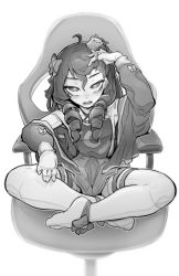 Rule 34 | ahoge, ankle bow, ankle ribbon, blob, bow, centi (nimu), chair, curly hair, dress, fang, gaming chair, glitchrod, greyscale, hair bow, tucking hair, twirling hair, hand in own hair, highres, hood, hooded jacket, indian style, jacket, leg ribbon, legs, long hair, long sleeves, monochrome, moon print, nimu (vtuber), no shoes, off-shoulder shirt, off shoulder, open mouth, ribbon, ringlets, shirt, sitting, starry sky print, swivel chair, teeth, thigh strap, thighhighs, virtual youtuber, white legwear
