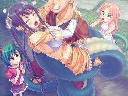 Rule 34 | 1boy, 3girls, angry, bare shoulders, blue hair, breasts, bubuzuke, carrying, child, clenched teeth, closed eyes, earrings, grass, green eyes, head out of frame, jewelry, lamia, lamia hygieia, lifting person, long hair, looking up, mamonomusume to no seikatsu, mamonomusume to no seikatsu ~ramia no baai~, monster girl, multiple girls, open mouth, pink hair, pointy ears, purple hair, scales, snake, tail, teeth, twintails
