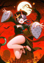 Rule 34 | 1girl, 95---, absurdres, bare tree, bat (animal), bell, black dress, black footwear, black hat, braid, braided hair rings, breasts, china dress, chinese clothes, cleavage cutout, clothing cutout, covered navel, dress, fang, fate/grand order, fate (series), fingernails, full body, full moon, halloween, hat, highres, horns, jack-o&#039;-lantern, jiangshi costume, jingle bell, long fingernails, long hair, long sleeves, looking at viewer, medium breasts, moon, nail polish, night, night sky, official alternate costume, ofuda, oni, open mouth, outdoors, pointy ears, purple eyes, purple hair, qingdai guanmao, red horns, red nails, sharp fingernails, shuten douji (fate), shuten douji (festival outfit) (fate), shuten douji (onmyoji), skin fang, sky, small breasts, smile, solo, thighs, tombstone, tree, wide sleeves