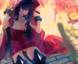 Rule 34 | 1girl, bad id, bad tumblr id, black hair, blurry, blurry foreground, boots, cigarette, cuffs, depth of field, dress, fire, hood, hood up, kibadori rue, long hair, looking at viewer, mouth hold, original, red dress, red eyes, short dress, sitting, smile, solo