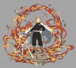 Rule 34 | 1boy, absurdres, belt, black pants, blonde hair, cape, closed mouth, fire, forked eyebrows, full body, grey background, hand on own hip, highres, holding, holding sword, holding weapon, katana, kimetsu no yaiba, long hair, male focus, multicolored hair, pants, papajay (jennygin2), red hair, rengoku kyoujurou, sheath, simple background, solo, standing, sword, thick eyebrows, unsheathed, weapon, white belt