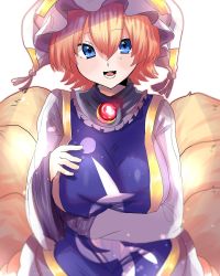 Rule 34 | 1girl, :d, animal hat, arm under breasts, blonde hair, breasts, dress, fox tail, hat, highres, huge breasts, kashiwara mana, long sleeves, lower teeth only, mob cap, multiple tails, open mouth, mob cap, short hair, smile, solo, tabard, tail, teeth, touhou, white background, white dress, wide sleeves, yakumo ran