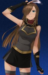 Rule 34 | 1girl, alternate costume, arm up, bare shoulders, black gloves, black jacket, black skirt, blue eyes, breasts, brown hair, card, commentary request, cowboy shot, duel academy uniform (yu-gi-oh! gx), fingerless gloves, gloves, gradient background, hair over one eye, holding, holding card, jacket, large breasts, long hair, looking at viewer, miniskirt, one eye covered, parted lips, popped collar, rourou ill, school uniform, skirt, sleeveless, sleeveless jacket, solo, swept bangs, tales of (series), tales of the abyss, tear grants, thighhighs, turtleneck, yu-gi-oh!, yu-gi-oh! gx, zettai ryouiki