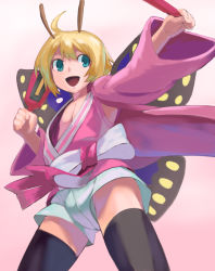Rule 34 | 1boy, ahoge, antennae, arthropod girl, blonde hair, blue eyes, butterfly wings, child, crossdressing, fairy, insect wings, iwaya, male focus, monster girl, open mouth, shimon (shimotsuma), shimotsuma, short hair, smile, solo, thighhighs, trap, wings