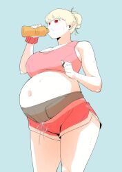 Rule 34 | 1girl, blonde hair, blue background, bottle, bra, braid, breasts, cowboy shot, from below, hair bun, highres, huge breasts, ibnu rusydi, maternity belt, maternity underwear, monochrome background, navel, open mouth, pale skin, pink bra, pink shorts, plastic bottle, pointy ears, pregnant, red eyes, short shorts, shorts, simple background, single hair bun, solo, sports bra, standing, sweat, sweatband, sweatdrop, thick eyebrows, thick thighs, thighs, underwear, wide hips