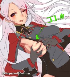 Rule 34 | 1girl, 2017, :p, ;), armpits, arrow (symbol), azur lane, blush, grabbing another&#039;s breast, breasts, buttons, closed mouth, cross, dated, deep skin, dress, eyebrows, eyelashes, facing away, gloves, grabbing, grey dress, grey gloves, groping, hair ornament, iron cross, lips, long hair, long sleeves, looking away, looking to the side, mappaninatta, medium breasts, military, military uniform, mole, mole on breast, multicolored hair, no bra, one eye closed, orange eyes, pink lips, prinz eugen (azur lane), red hair, grabbing own breast, silver hair, simple background, smile, solo, streaked hair, tongue, tongue out, tsurime, turtleneck, twitter username, two-tone hair, two side up, unfinished, uniform, upper body, very long hair, white background