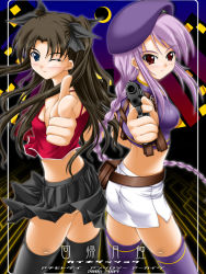Rule 34 | 00s, 2girls, aiming, aiming at viewer, akimoto dai, black hair, company connection, fate/hollow ataraxia, fate/stay night, fate (series), finger on trigger, gun, handgun, hayakawa ion, long hair, melty blood, miniskirt, multiple girls, pink hair, pistol, red eyes, sion eltnam atlasia, skirt, thighhighs, tohsaka rin, tsukihime, twintails, two side up, type-moon, weapon, zettai ryouiki