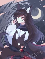 Rule 34 | 1girl, animal ear fluff, animal ears, bamboo, brooch, brown hair, crescent moon, dress, dual persona, fang, fangs, fingernails, highres, imaizumi kagerou, imaizumi kagerou (wolf), jewelry, long fingernails, long hair, long sleeves, looking at viewer, moon, one-hour drawing challenge, red dress, red eyes, renge kanatsuki, sparkle, star (sky), tail, touhou, white dress, wolf, wolf ears, wolf tail