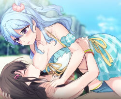 Rule 34 | 2girls, :d, aoiro 050, aqua hair, bang dream!, bare shoulders, blurry, blurry background, breast sucking, breasts, brown hair, closed eyes, collarbone, fingernails, girl on top, hair between eyes, hair ornament, hairclip, hand on another&#039;s shoulder, highres, hug, large breasts, long hair, looking down, lying, matsubara kanon, multiple girls, okusawa misaki, on back, open mouth, outdoors, scrunchie, side ponytail, smile, sweat, sweatdrop, yuri