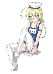 Rule 34 | 10s, 1girl, ahoge, aqua eyes, bad id, bad twitter id, bare shoulders, blonde hair, blush, breasts, cleavage, collarbone, dressing, ebifurya, eyebrows, full body, glasses, gradient hair, groin, hair ribbon, hat, highres, i-8 (kancolle), inactive account, kantai collection, knee up, large breasts, long hair, looking at viewer, multicolored hair, name tag, no shoes, one-piece swimsuit, peaked cap, pink-framed eyewear, ponytail, ribbon, school swimsuit, semi-rimless eyewear, shadow, simple background, sitting, solo, swimsuit, thighhighs, twitter username, two-tone hair, under-rim eyewear, white background, white ribbon, white thighhighs
