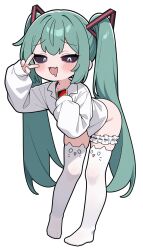 1girl black_sclera blue_hair blush colored_sclera drooling drowsy_sheep fang furrowed_brow hatsune_miku highres looking_at_viewer mesugaki mimukauwa_nice_try_(vocaloid) mouth_drool no_panties no_pants open_clothes open_mouth skin_fang smile solo thigh_strap thighhighs twintails uno_(game) v vocaloid white_thighhighs