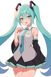 Rule 34 | 1girl, absurdres, armpit crease, blue eyes, blue hair, blush, collared shirt, commentary, detached sleeves, hair ornament, hatsune miku, highres, kumada gaon, long hair, long sleeves, looking at viewer, nail polish, necktie, open mouth, pleated skirt, shirt, skirt, sleeveless, sleeveless shirt, smile, solo, twintails, very long hair, vocaloid