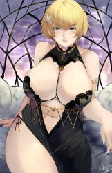 Rule 34 | 1girl, absurdres, bare shoulders, black dress, blonde hair, blue eyes, blush, breasts, cleavage, commentary, dress, earrings, girls&#039; frontline, highres, huge breasts, jewelry, large breasts, michael lavacca, mole, mole on breast, mole under eye, nail polish, navel, official alternate costume, panties, short hair, side-tie panties, signature, solo, underwear, vsk-94 (girls&#039; frontline), vsk-94 (night on the silver bay) (girls&#039; frontline), wide hips