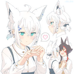 Rule 34 | 2girls, ahoge, animal ear fluff, animal ears, black hair, blue dress, blush, braid, commentary, dress, earrings, english commentary, extra ears, fox ears, fox girl, green eyes, hair between eyes, hair ornament, hairclip, heart, highres, holding hands, hololive, jewelry, long hair, long sleeves, looking at another, looking at hand, multicolored hair, multiple girls, multiple views, neckerchief, ookami mio, pinafore dress, red hair, ring, shirakami fubuki, shirt, sidelocks, simple background, single braid, sleeveless dress, spoken heart, streaked hair, tataki tuna, virtual youtuber, white background, white hair, white shirt, wolf ears, wolf girl, yellow eyes