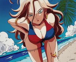 Rule 34 | 1girl, android 21, armlet, beach, bent over, bikini, blue bikini, blue eyes, blue sky, bracelet, breasts, brown hair, cleavage, cloud, day, dragon ball, dragon ball fighterz, earrings, eyelashes, hair between eyes, half-closed eyes, hand on own hip, hoop earrings, jewelry, large breasts, looking at viewer, multicolored bikini, multicolored clothes, ocean, red bikini, sand, sky, solo, summer, swimsuit, tama azusa hatsu