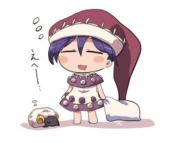Rule 34 | 1girl, animal, barefoot, black capelet, blue hair, blush stickers, capelet, doremy sweet, dress, full body, hair between eyes, hat, multicolored clothes, multicolored dress, nightcap, open mouth, pom pom (clothes), red hat, rokugou daisuke, sheep, short hair, signature, solo, touhou
