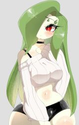 Rule 34 | blush, breasts, choker, colored skin, creatures (company), cropped sweater, game freak, gardevoir, gen 3 pokemon, green hair, highres, large breasts, long hair, looking to the side, midriff, mikatsu27, navel, nintendo, off-shoulder sweater, off shoulder, one eye covered, pokemon, pokemon (creature), red eyes, sweater, thick thighs, thighs, white skin, white sweater, wide hips
