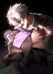 Rule 34 | 1boy, black background, blood, blood in hair, blood on clothes, crying, disappear, heikong, injury, jacket, kimetsu no yaiba, long sleeves, male focus, missing finger, hugging object, open mouth, scar, scar on arm, shaded face, shinazugawa genya, shinazugawa sanemi, short hair, sobbing, solo, sparkle, spoilers, tears, upper body, white hair