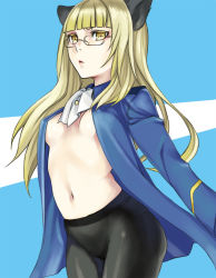Rule 34 | 1girl, animal ears, bad id, bad pixiv id, black pantyhose, blonde hair, breasts, glasses, lips, long hair, navel, no panties, okeya (ol23), open clothes, pantyhose, perrine h. clostermann, small breasts, solo, strike witches, world witches series, yellow eyes
