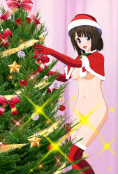 Rule 34 | 1girl, 3d, bell, blue eyes, blush, bottomless, bow, breasts, brown hair, capelet, censored, christmas, christmas ornaments, christmas tree, classmate daisuki, cleft of venus, curtains, decorating, fur-trimmed capelet, fur-trimmed gloves, fur-trimmed legwear, fur trim, gloves, hat, highres, looking at viewer, medium breasts, navel, nipples, open mouth, pussy, red capelet, red gloves, red hat, red thighhighs, santa costume, santa hat, short hair, smile, solo, sparkle, standing, star (symbol), thighhighs