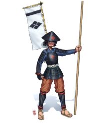 Rule 34 | 1girl, absurdres, armor, banner, battle standard, black hair, brown eyes, crest, dou, family crest, hat, highres, holding, holding polearm, holding weapon, japanese armor, jingasa, kote, kusazuri, original, ostwindprojekt, pants, pants tucked in, pike (weapon), polearm, sandals, sashimono, signature, simple background, spear, suneate, war banner, weapon