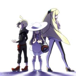 Rule 34 | 1boy, 2016, 2girls, bag, black jacket, blonde hair, brother and sister, creatures (company), dated, dress, duffel bag, earrings, family, game freak, gem, gladion (pokemon), green eyes, hair ornament, handbag, hat, hood, hood down, hooded jacket, jacket, jewelry, kou osmtaka, leggings, lillie (pokemon), long hair, long sleeves, lusamine (pokemon), mother and daughter, mother and son, multiple girls, nintendo, open mouth, pigeon-toed, pokemon, pokemon sm, sandals, shoes, short dress, short hair, siblings, sleeveless, sleeveless dress, sun hat, sweat, very long hair, white footwear, white hat