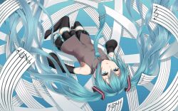 Rule 34 | 1girl, aqua eyes, aqua hair, bad id, bad pixiv id, boots, detached sleeves, expressionless, floating, hatsune miku, heisei yutorin, long hair, lying, necktie, on back, parted lips, skirt, solo, thigh boots, thighhighs, twintails, very long hair, vocaloid