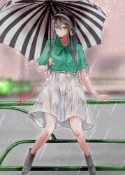 1girl black_hair brown_eyes dress green_shirt hairband haruna_(kancolle) haruna_(tsuyu_mode)_(kancolle) highres kantai_collection long_hair official_alternate_costume panties_visible_through_clothes pleated_dress railing rain shamo_(ptwmjgda) shirt skirt solo standing striped_umbrella umbrella wet wet_clothes white_hairband white_skirt