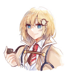 Rule 34 | 1girl, blonde hair, blue eyes, blush, brown capelet, capelet, cheschorv, closed mouth, hair ornament, highres, holding, hololive, hololive english, looking at viewer, mustache print, necktie, red necktie, shirt, short hair, short necktie, simple background, smile, solo, stethoscope, upper body, virtual youtuber, watson amelia, watson amelia (1st costume), white background, white shirt
