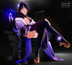 1boy ankle_flower artist_name ass black_background black_bridal_gauntlets black_shrug black_thighhighs blunt_ends bridal_gauntlets bright_pupils brown_sandals center_opening chair chinese_knot cosplay crossed_legs curled_fingers deviantart_logo deymara electro_symbol_(genshin_impact) flower full_body furisode genshin_impact geta gold_ring gold_trim gradient_background hair_flower hair_ornament hand_up highres instagram_logo japanese_clothes kimono kimono_skirt looking_to_the_side male_focus middle_ring mitsudomoe_(shape) obi obiage off_shoulder open_clothes open_kimono open_mouth orb parted_bangs pectoral_cleavage pectorals plasma_globe purple_electricity purple_eyes purple_flower purple_hair purple_kimono raiden_shogun raiden_shogun_(cosplay) sandals sash scaramouche_(genshin_impact) shrug_(clothing) sitting solo string tassel tassel_hair_ornament teeth thighhighs tomoe_(symbol) torii trap twitter_logo upper_teeth_only white_pupils